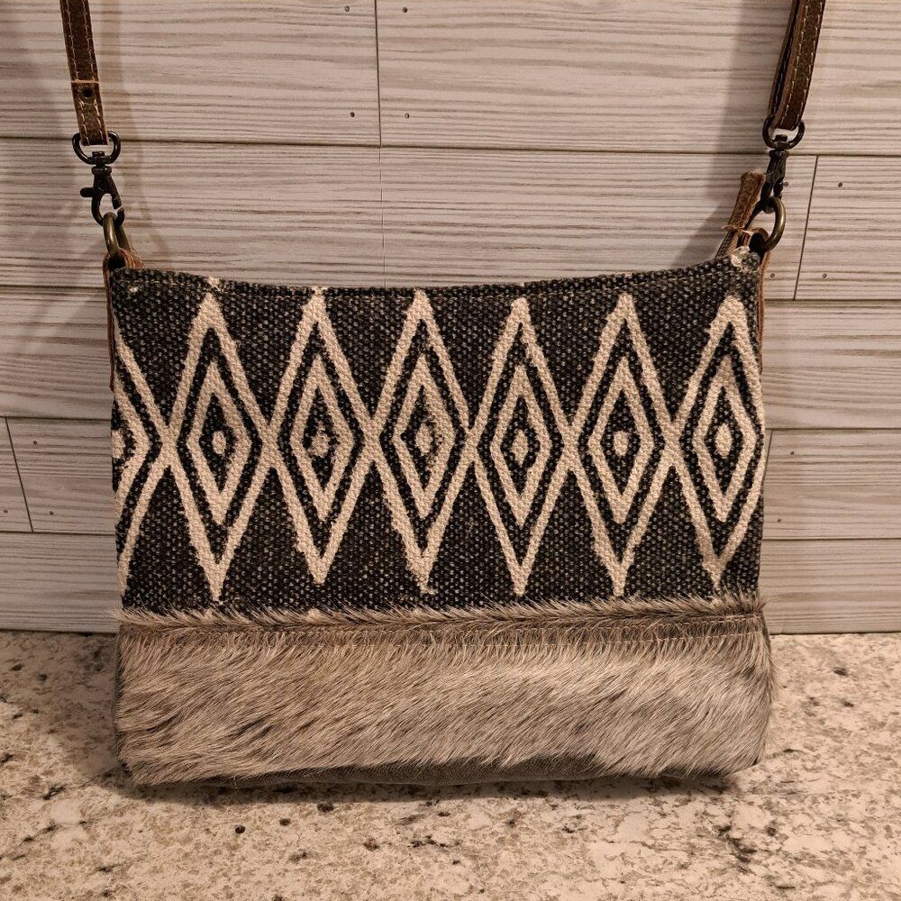 Myra Bag Black & Cream Woven Diamond Crossbody with Faux Fur Trim